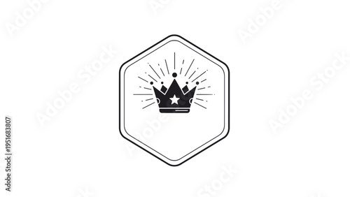 Minimalist logo design featuring royal crown with shining rays inside a hexagonal frame for premium brand identity.