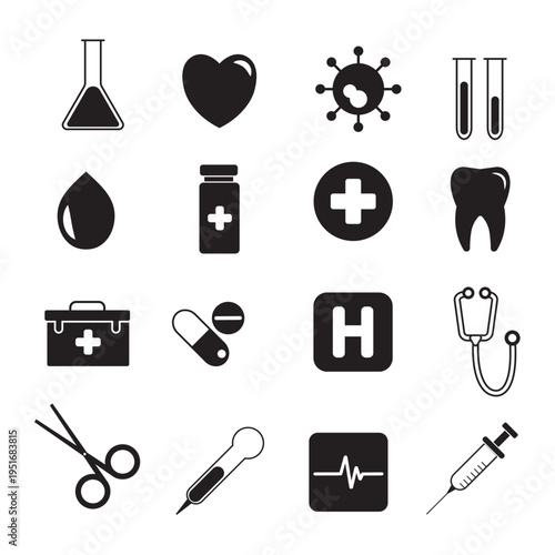 Set of 16 black flat medical icons featuring healthcare symbols, hospital equipment, and laboratory tools for professional UI and digital design.