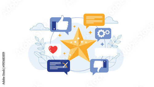 Large golden star is surrounded by various social media engagement icons like heart, thumbs up, and gears to represent feedback.