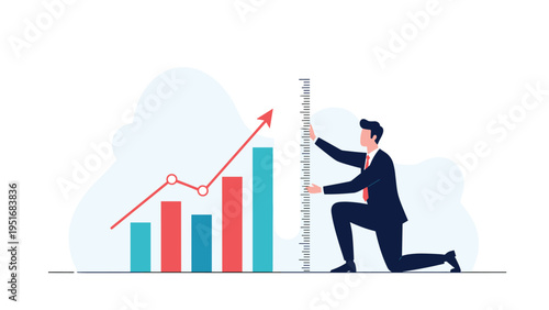 Businessman in a suit measuring the performance growth of a bar chart with a ruler to track professional success.