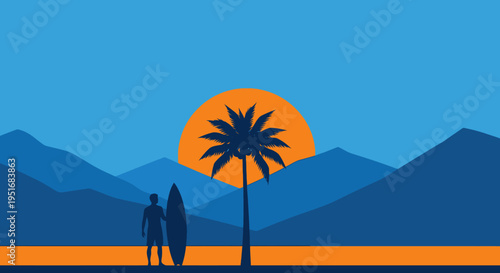 Silhouettes of lovers strolling near a palm tree at sunset by the mountainside
