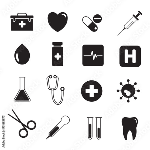 Medical icon set featuring 16 black flat vector illustrations of healthcare symbols, hospital equipment, and laboratory tools for professional design.