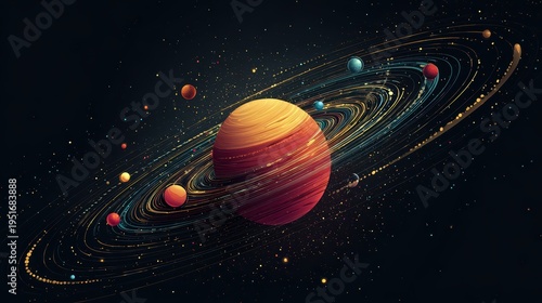 Colorful Artistic Representation of a Planetary System in Space
