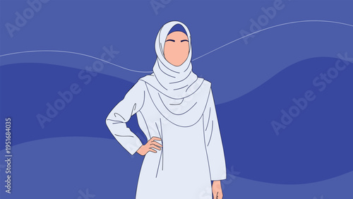 Confident woman wearing a traditional white hijab and dress standing against a blue background with wavy lines.