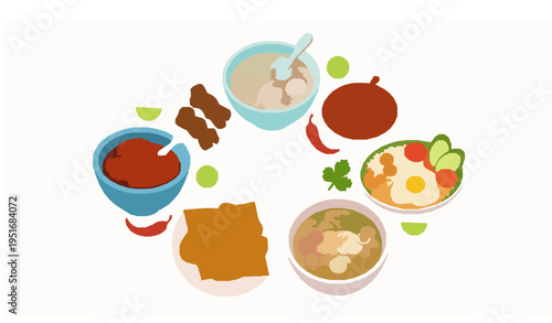 Cute Indonesian Cuisine Collection Circular Layout Satay Bakso Rendang Nasi Goreng Vector
