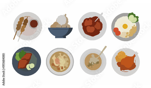 Flat Indonesian Food Dishes Collection Satay Bakso Rendang Nasi Goreng Soto Ayam Vector Set