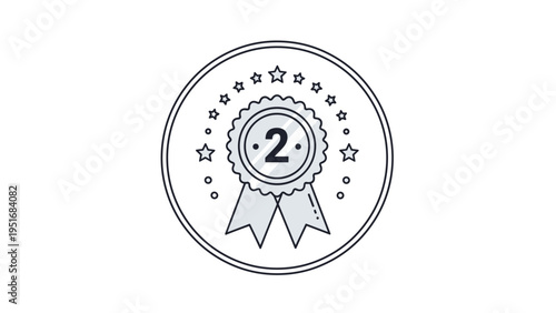Simple line art icon of a silver medal with the number two and stars inside a circle for second place reward.