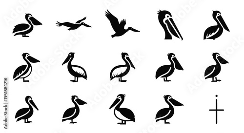 Set of pelicam brand pelican icons in black and white featuring various bird poses and views on white background