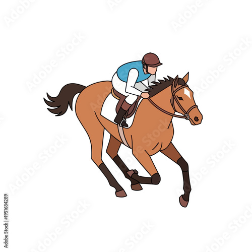 Jockey Riding Brown Horse in Motion.
