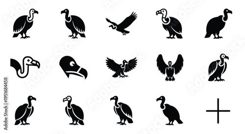 Various vulture silhouettes and bird of prey icons including flying and perched poses