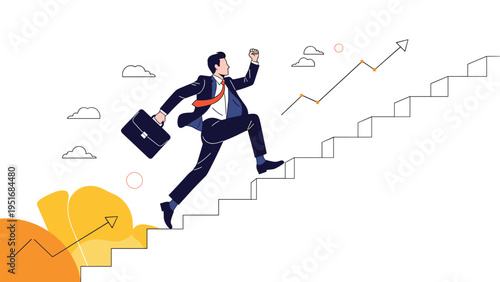 Determined businessman with a briefcase running up a staircase toward success and clouds in the sky background.