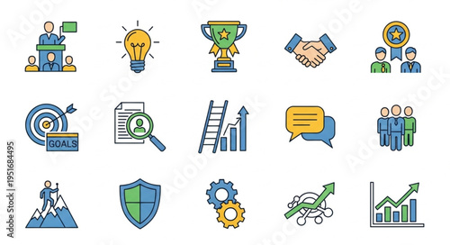 Business success strategy and growth icons collection.