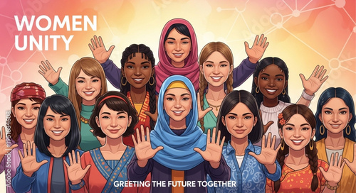 Diverse group of women smiling and waving hands together.