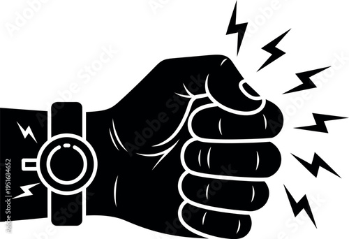 Fist-clenching hand with electricity surging from a wristwatch.