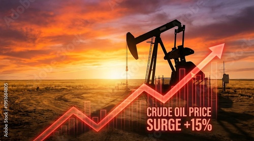 In an oil field at sunset, a pumpjack operates while a graph shows a 15 percent rise in crude oil prices. The orange sky highlights the industrial scene of oil extraction