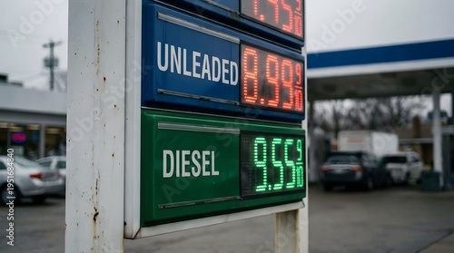 A price board at a gas station displays fuel costs for unleaded and diesel options. The setting shows vehicles parked nearby, and the weather appears cloudy