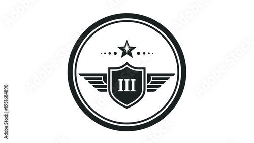 Military style emblem featuring winged shield with roman numeral three and star inside circular border.