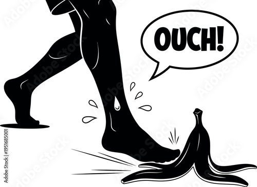 A person accidentally stepping on a banana peel with a loud ouch.