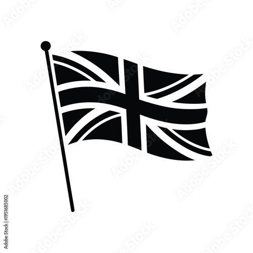 A black and white illustration of the United Kingdom flag waving