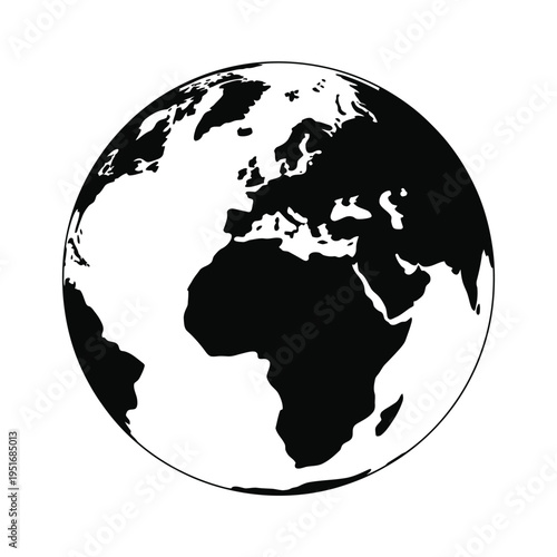 A black and white illustration of the Earth from space