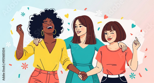 Three diverse women friends smiling and celebrating together.
