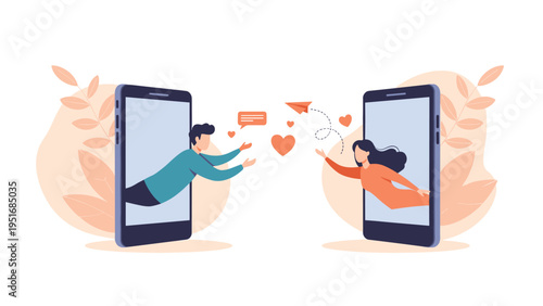 Two people emerging from their smartphone screens to reach for each other with floating hearts and a paper plane.