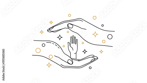 Outline drawing of two protective hands cupped around a small child hand with many decorative gold stars and circles.
