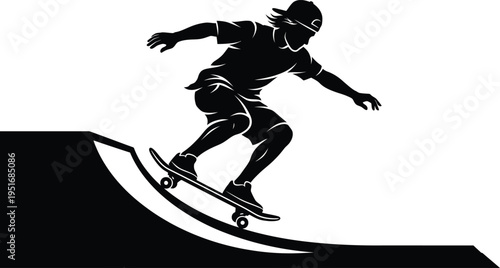 Skateboarding Icon Silhouette Vector | Skateboarder Player Riding Stunt Trick Extreme Sport Urban Lifestyle Ramp Hill Black Isolated on White Background