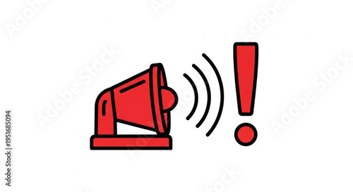 Red Megaphone Icon With Sound Waves and Exclamation Mark.