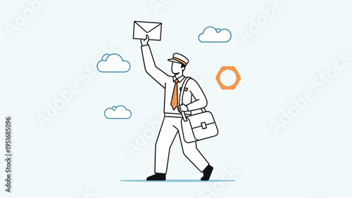Uniformed mailman walking and holding up a letter envelope with delivery bag over shoulder against sky with clouds.