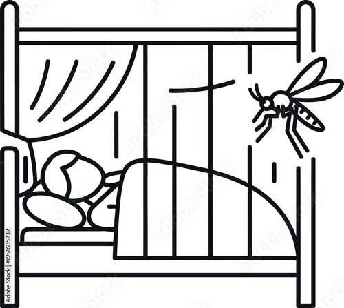 A person sleeping in bed while a mosquito hovers nearby during a rainy night