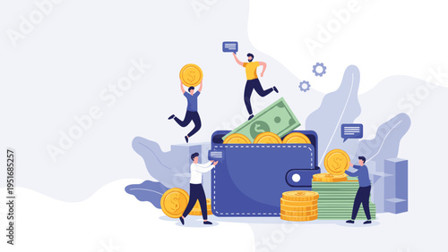 Happy people jumping and interacting with giant wallet full of money representing financial success.