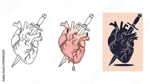 Three variations of anatomical heart pierced by a dagger in line art, colored, and silhouette styles for tattoo design.