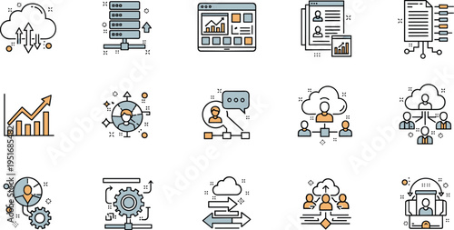 Cloud computing and data management line icons vector set with server storage analytics network security and digital technology symbols