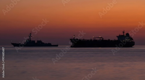 Two ships are visible in the ocean as the sun sets on the horizon. The sky displays shades of orange and purple. The vessels remain still in the calm water as day turns to night