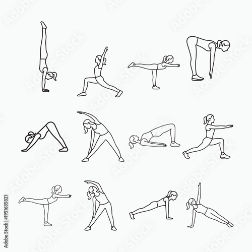 Illustrations of various yoga poses and stretches for flexibility