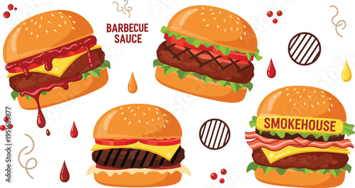 Delicious burger vector set featuring cheeseburger barbecue and smokehouse burgers with sauce toppings and fast food illustration