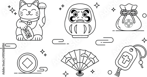Japanese lucky symbols line icons vector set featuring maneki neko daruma coin fan omamori and traditional good luck elements