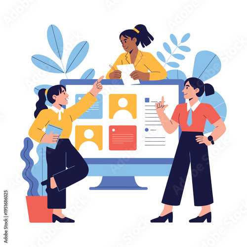 Three women collaborating on a computer project in an office