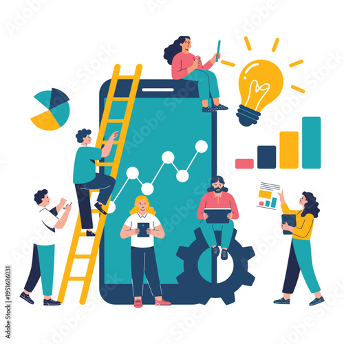 A group of people working together on a large smartphone with graphs and charts