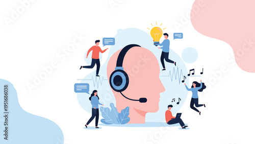 Head silhouette with headset surrounded by tiny people representing telecommunication and support services.