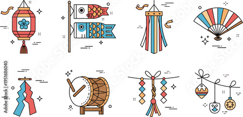 Japanese festival decorations vector set featuring lantern carp streamers drum fan and traditional hanging ornaments illustration