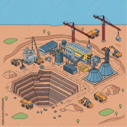 Isometric Illustration of a Large Open-Pit Mine and Processing Plant.