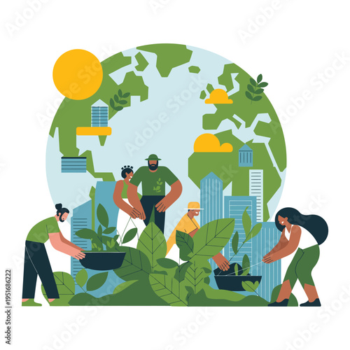 A diverse group of people planting trees and greenery around the globe