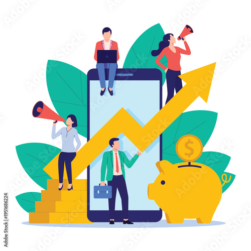 A group of business people using a smartphone to increase finance