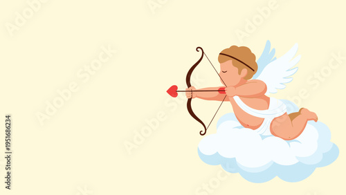 Cute cupid angel character with a bow and heart-tipped arrow flying on a white cloud over a yellow background.