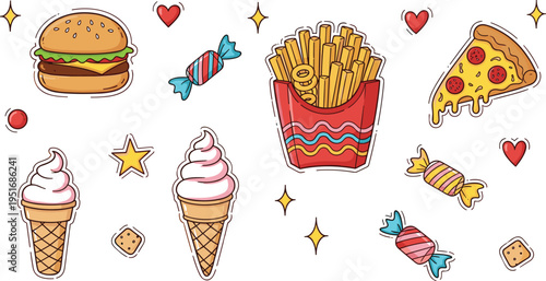 Cute fast food doodle vector set featuring burger fries pizza ice cream candy and sweet snacks with colorful hand drawn illustration