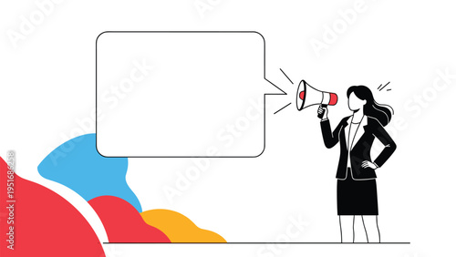 Professional businesswoman shouting through a megaphone next to large blank speech bubble for custom text announcements.