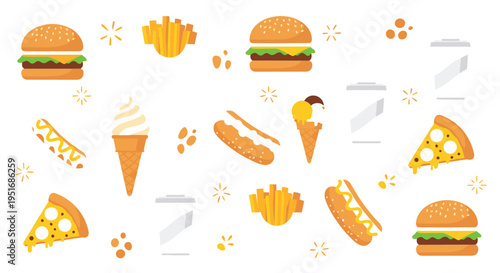 Fast food seamless pattern vector with burger fries pizza hotdog ice cream and snacks for background wrapping and textile design