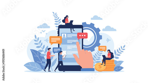 Group of tiny people interacting with large smartphone for communication, social media, and digital banking concepts.